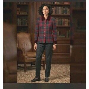 Santa Fe Jacket Size 4 Plaid Red Crown Buttons Velour Collar/Sleeve USA